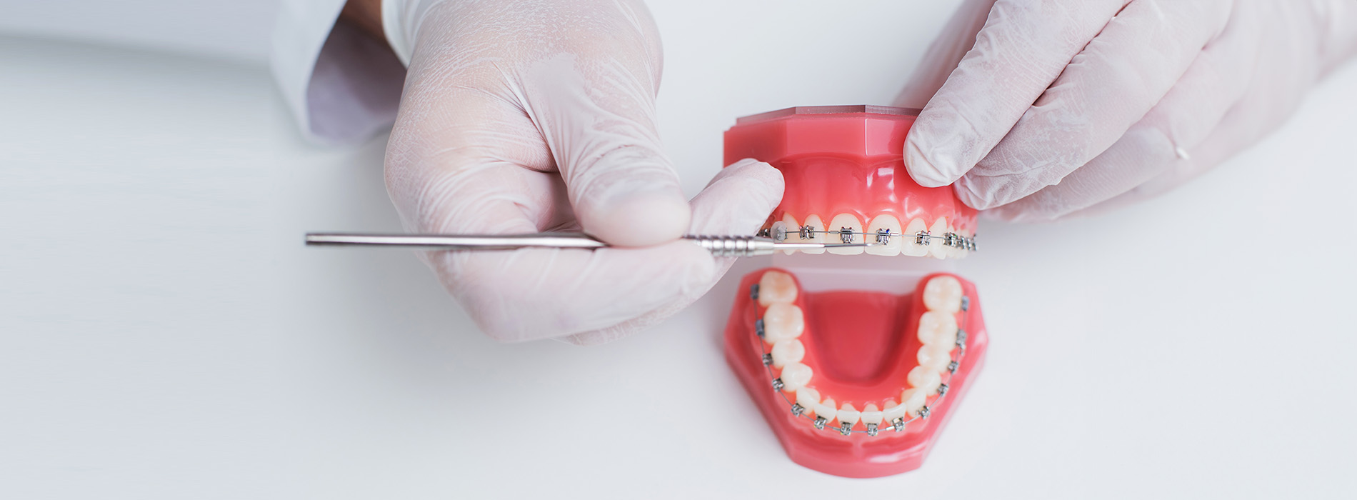 A person in a white lab coat using dental tools to adjust a model mouth with teeth and gums, showcasing dental work.